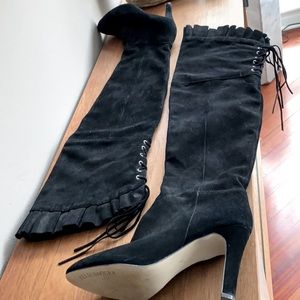 Kelsi Dagger Over the Knee Black Ruffled Suede Boot